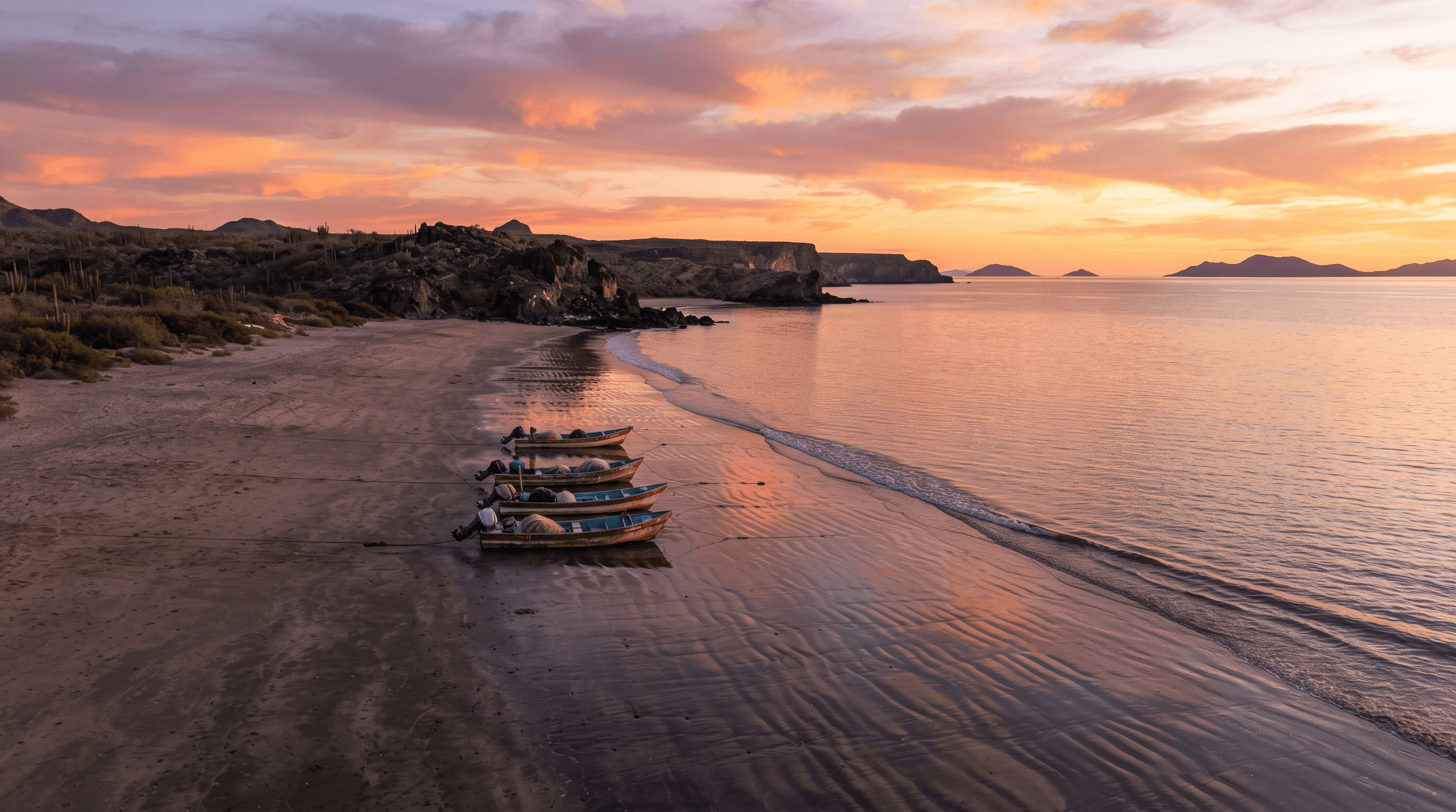 Empty Sea of Cortez beach at golden hour with fishing boats on wet sand and a desert landscape in the background