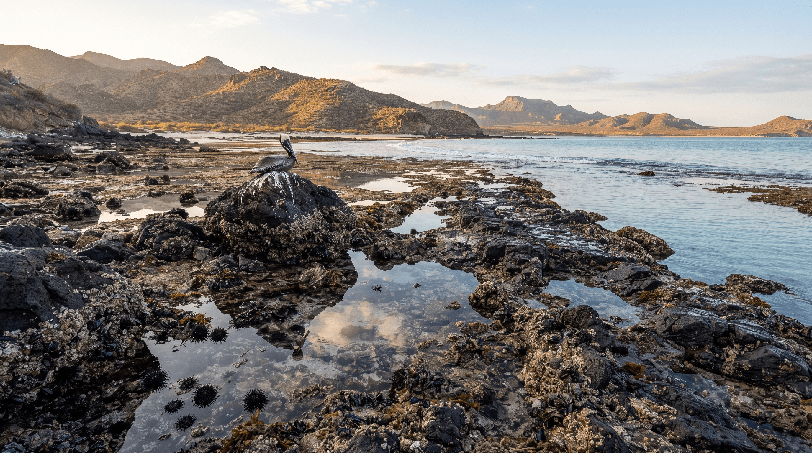 Rocky intertidal pools exposed at low tide on a desert bay in the northern Sea of Cortez, with volcanic rock formations, shallow clear water, and distant blue sea under morning light
