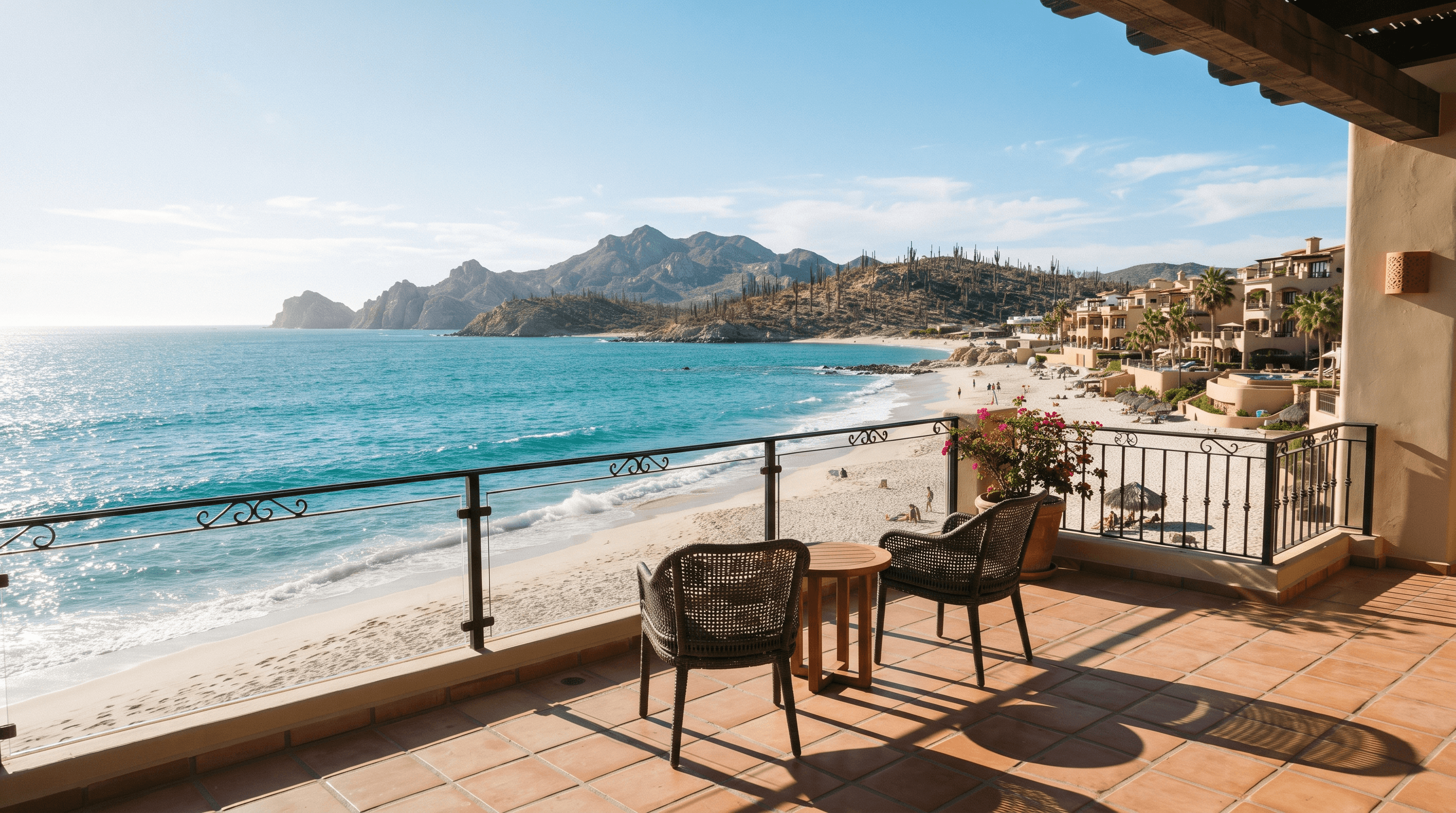 A beachfront balcony with two chairs facing the turquoise Sea of Cortez under a clear Sonoran desert sky, white sandy beach below and resort buildings in the background