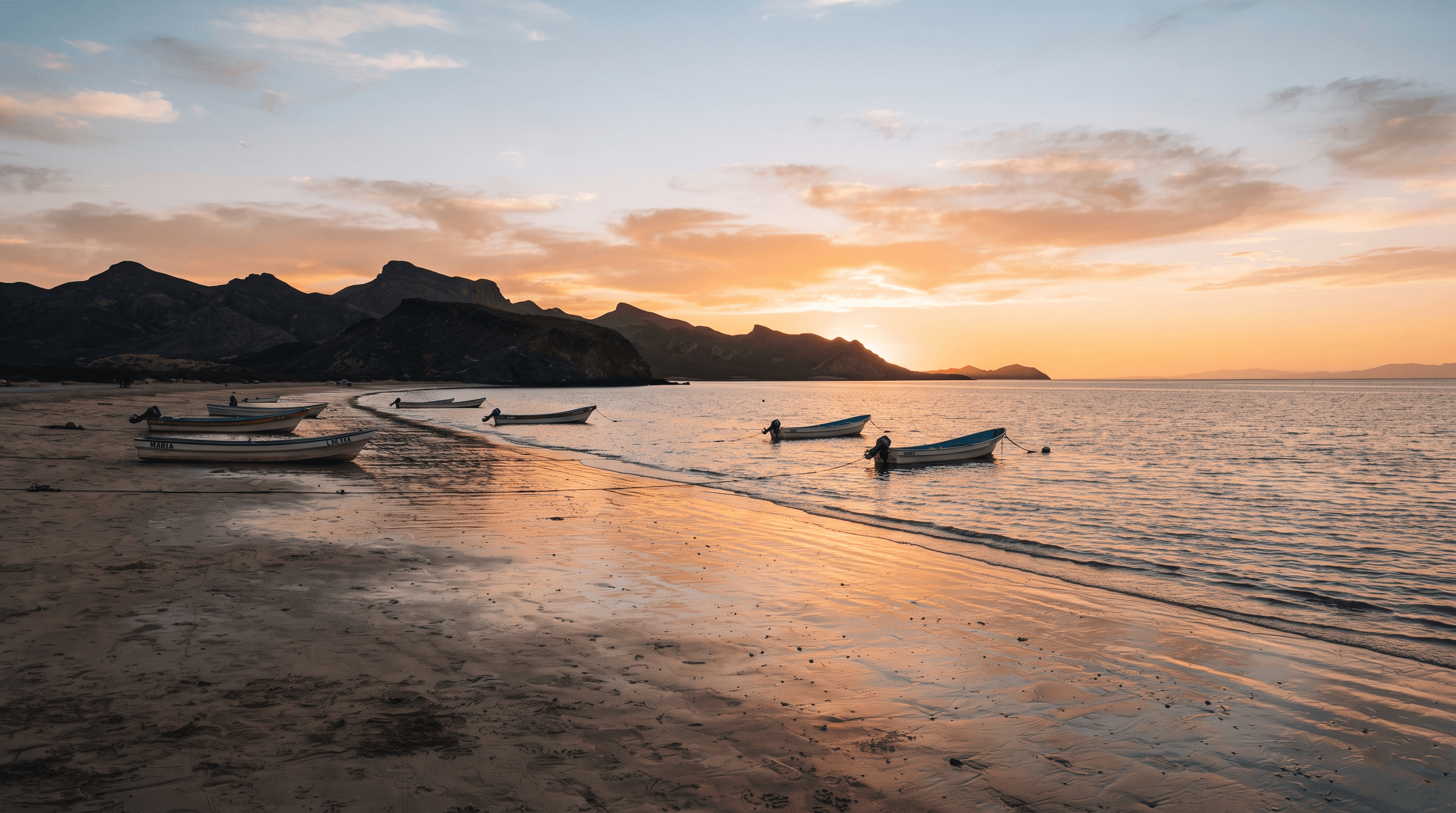 Golden hour light washing over a calm Sea of Cortez beach with wet sand, anchored fishing boats, and desert hills in the distance