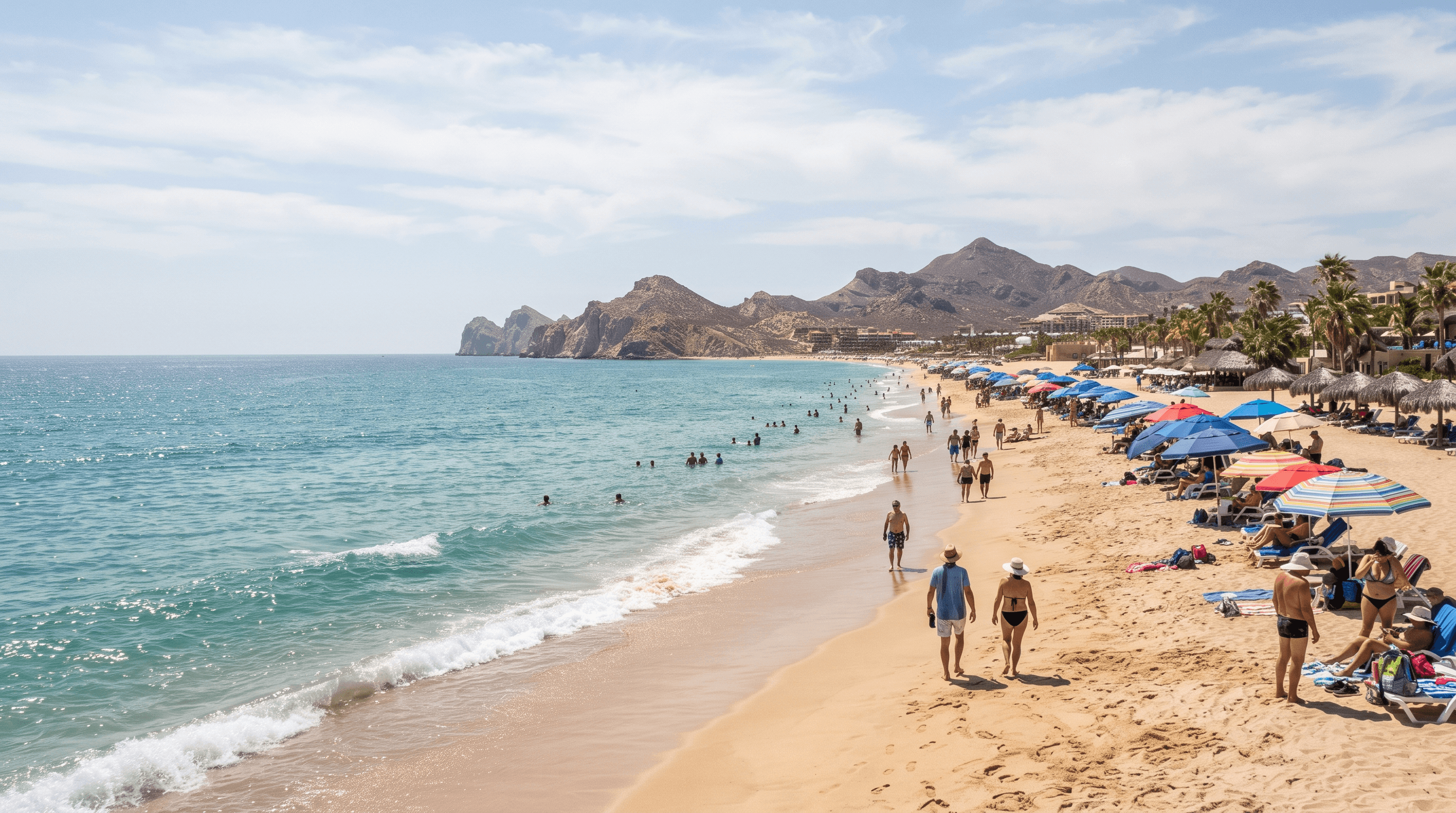Sandy beach on the Sea of Cortez under bright spring sunshine with colorful umbrellas and gentle waves rolling onto the shore