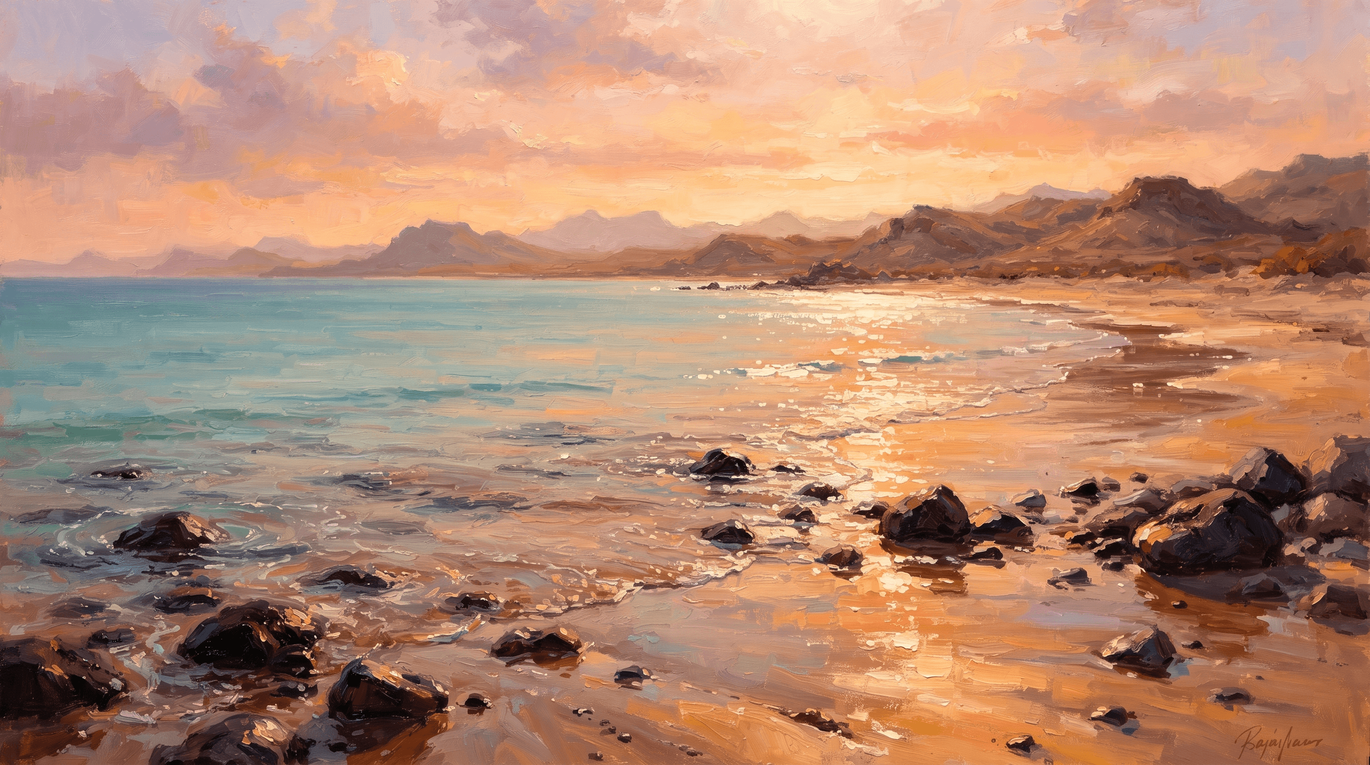 Calm turquoise Sea of Cortez water at sunset lapping over wet sand with desert hills in the background near Rocky Point Mexico