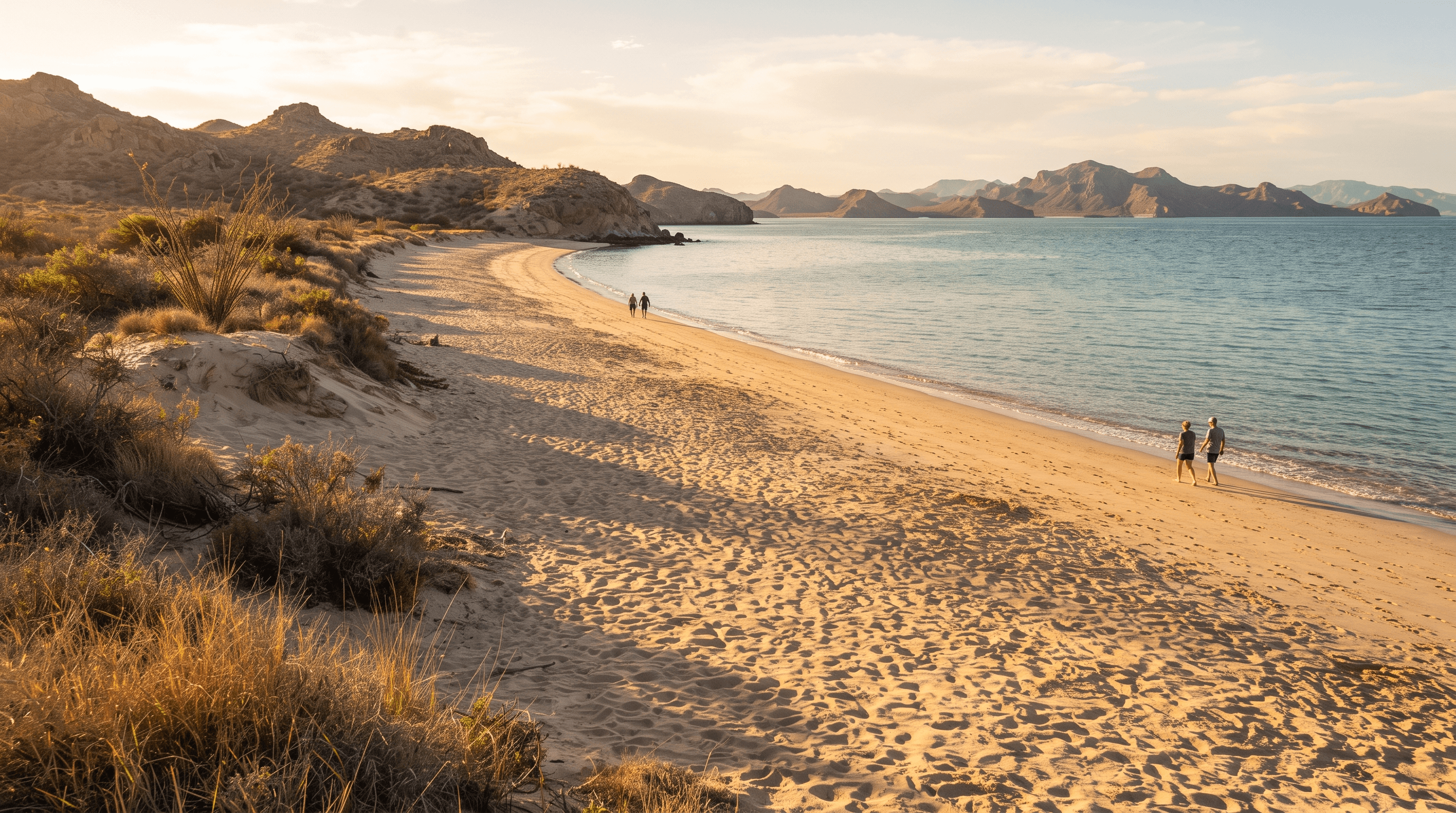 Wide sandy beach on the Sea of Cortez at golden hour with calm turquoise water and distant figures walking along the shoreline